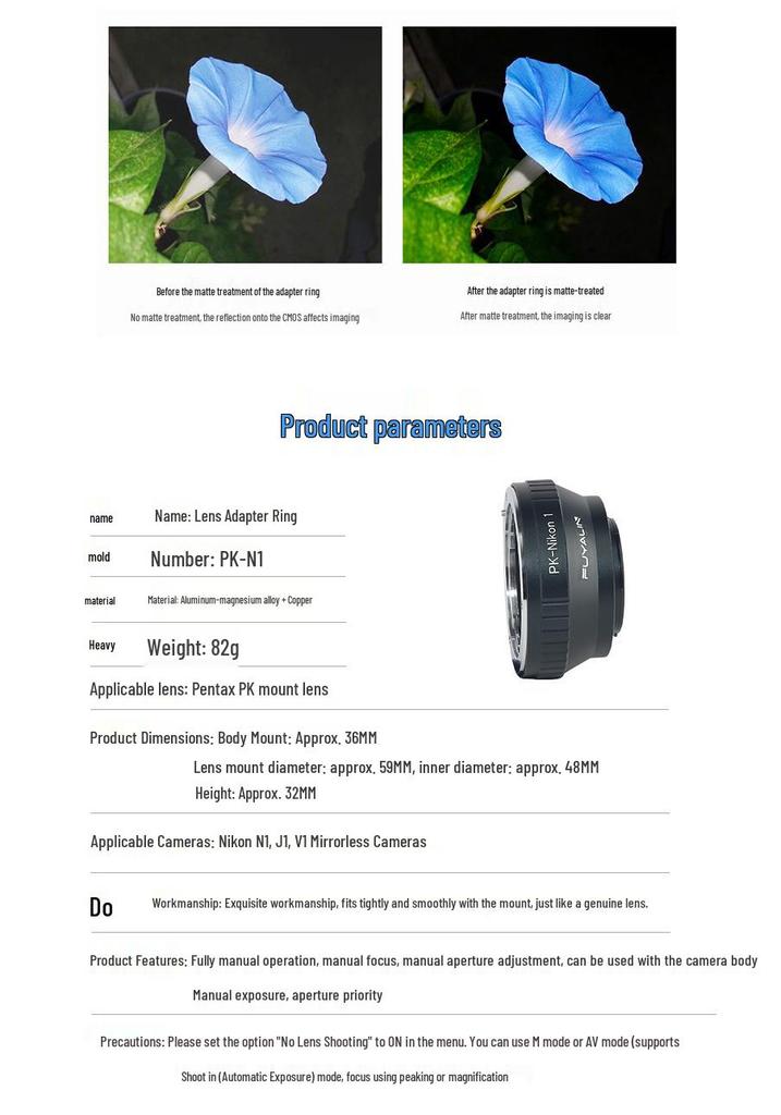 PK-N1 Lens Adapter for Pentax PK Lenses to Nikon 1 J1, V1, J2 Mirrorless Cameras