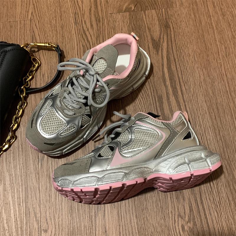 

Thick-soled heightening dad shoes women s silver breathable mesh women s shoes lightweight sports and leisure shoes breathable models 40 розовый