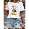 Blumen tragende Biene Skurrile Illustration Grafikdruck T-Shirt, Kurzarm Rundhals Lässiges Oberteil für Sommer und Frühling, Damenbekleidung