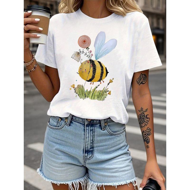 Blumen tragende Biene Skurrile Illustration Grafikdruck T-Shirt, Kurzarm Rundhals Lässiges Oberteil für Sommer und Frühling, Damenbekleidung
