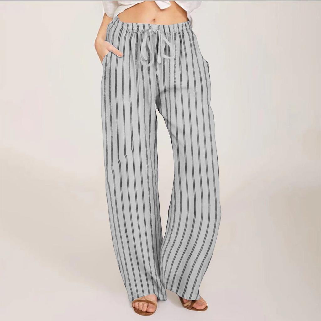 Ladies' Loose, Comfortable, Casual, Fashionable Striped Cotton And Linen Pants With Pockets