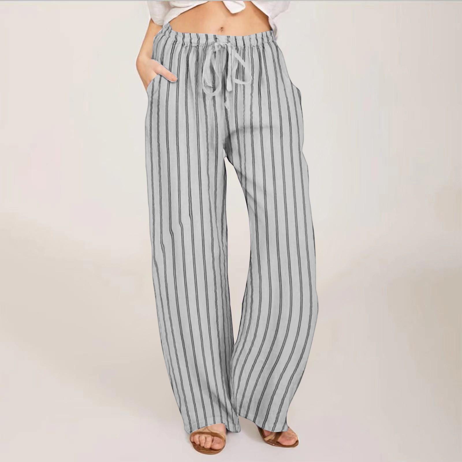 

Женские свободные, удобные, повседневные, модные полосатые хлопково-льняные брюки с карманами XL белый