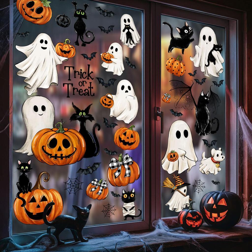 87 PCS Halloween Window Clings Ghost Decals Decor, Vintage Ghost Evil Pumpkin Bat Black Cat Reble Window Stickers for Halloween Party Supplies Home