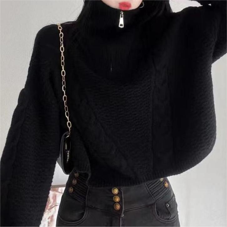2025 New Women's Loose Japanese Style Half-Zip Cable Knit Turtleneck Sweater for Autumn and Winter