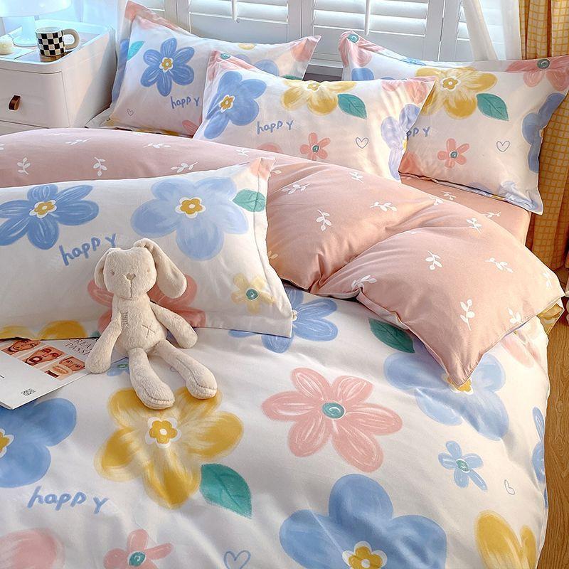 Vierteiliges Bettwäsche-Set, Bettwäsche, Gewaschene Baumwolle Sandgestrahlt Verdickter Bettbezug, Stepplaken, Studentenwohnheim Einzelbettbezug Dreiteiliges Set