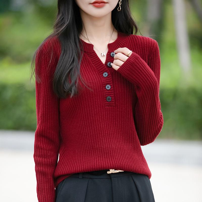 Women's Red V Neck Slimming Knitted Base Layer Autumn Winter New Fashion Stylish Inner Wear Knitted Sweater