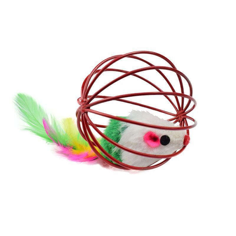 Colorful Feathered Wire Cage Mouse Cat Toy for Self-Entertainment