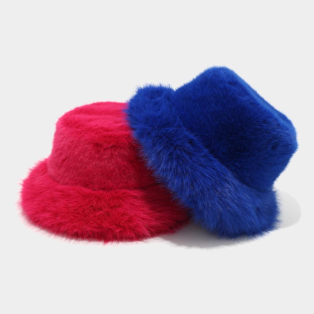 Faux Fox Fur Bucket Hat for Women, Thick Warm Winter Plush Fisherman Hat, Wide Fur Brim Street Style Snow Hat for Outdoor