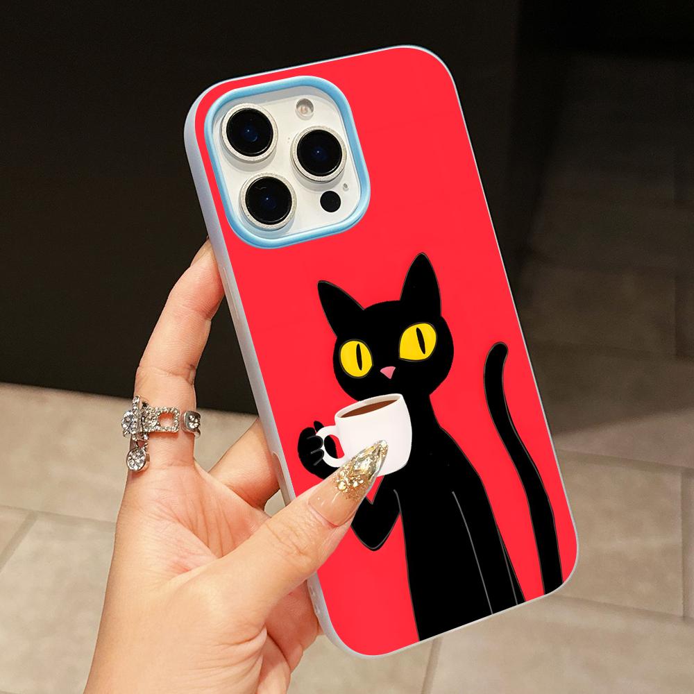 Cute Coffee Cat Jelly Double layer Light Blue Mobile Phone Case for iPhone 17 16 15 14 13 12 11 Air Pro Max Plus Protective
