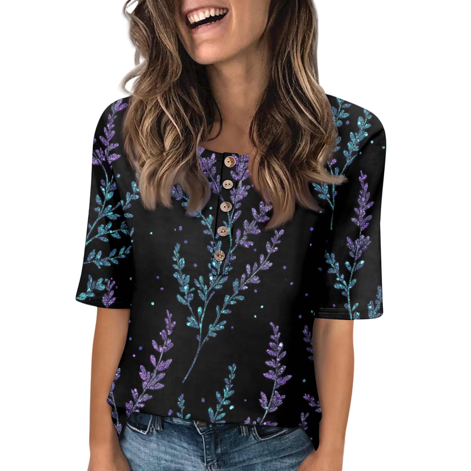 

Женская мода принтованный круглый вырез на пуговицах короткий рукав повседневный топ L чёрный