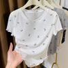 Ultra Thin and Translucent Short Sleeved T-shirt with Bow Print for Women Paired with A Base Layer Underneath