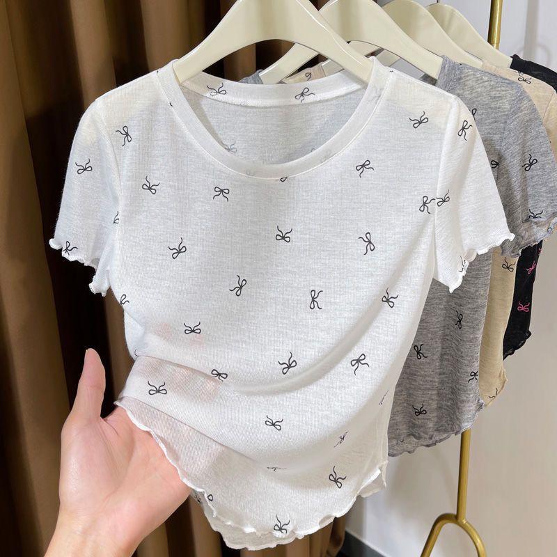 Ultra Thin and Translucent Short Sleeved T-shirt with Bow Print for Women Paired with A Base Layer Underneath