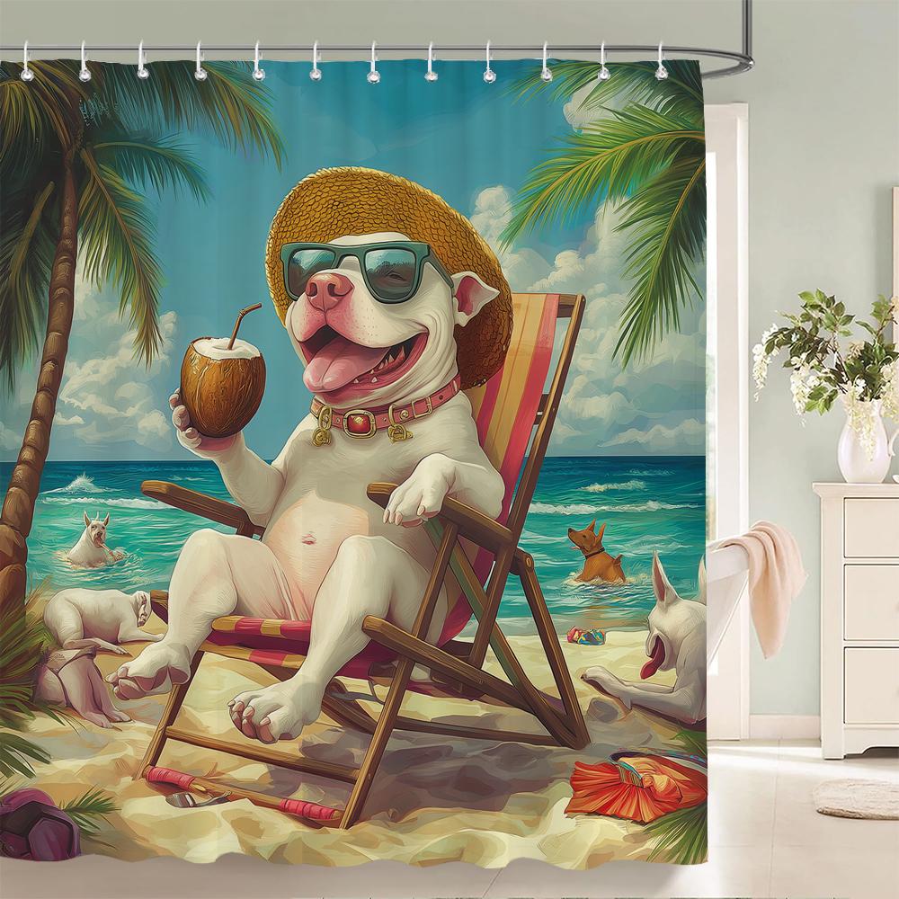 Funny and Creative Beach Cats and Dogs Fabric Shower Curtain Waterproof Polyester Bath Curtains for Bathroom Decorate with Hooks