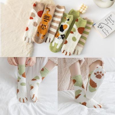 Winter Korallenfleece Socken Cartoon Katze Flauschige Socken Niedliche Katzenpfoten Schlaf-Socke Zuhause Weiche Bodensocken Damen Verdicken Warme Strümpfe