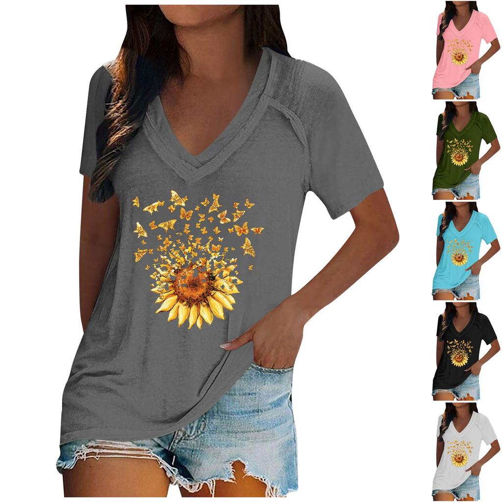 Women's Tops Dressy Summer Fashion Casual Sunflower Print Casual T-Shirt Shoulder Sleeve V Neck Slim Flowy Tunic