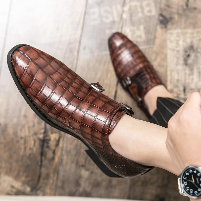 Fashion Britain New Men Pointed Black Slip On Monk Strap Flats Patent Leather Shoes Casual Loafers Formal Dress Footwear Zapatos Hombre