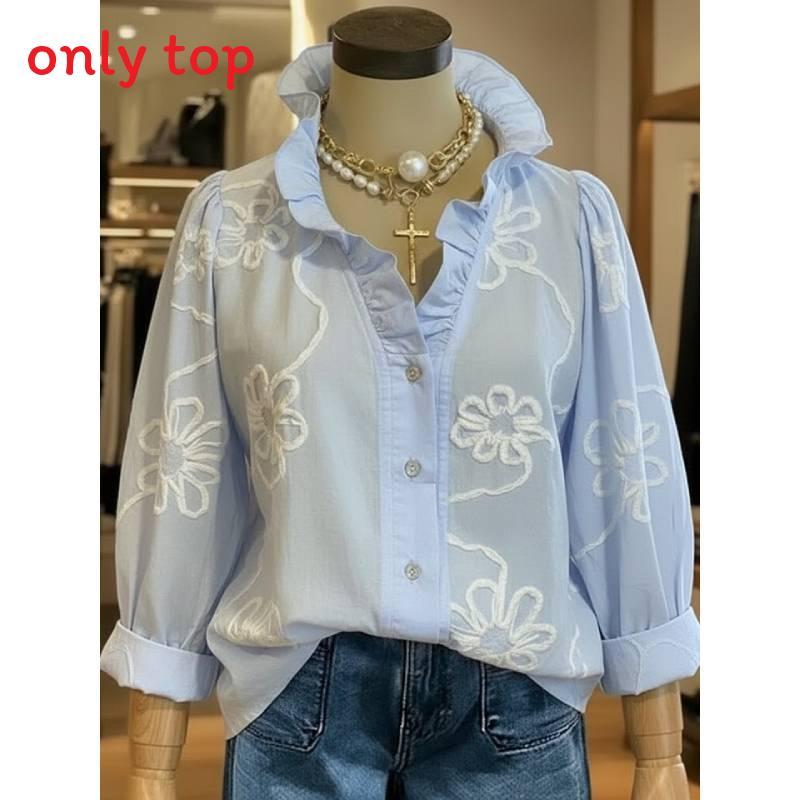 Basic Cotton Linen Blouse With Vneck And Puff Sleeves For Casual Women