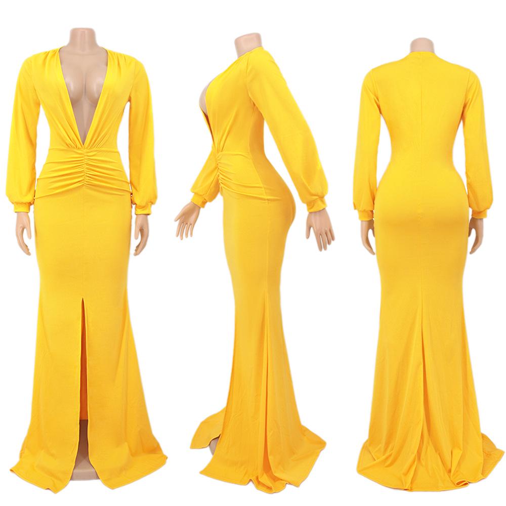 Solid Color V-Neck Slim Sexy Women's Evening Gown