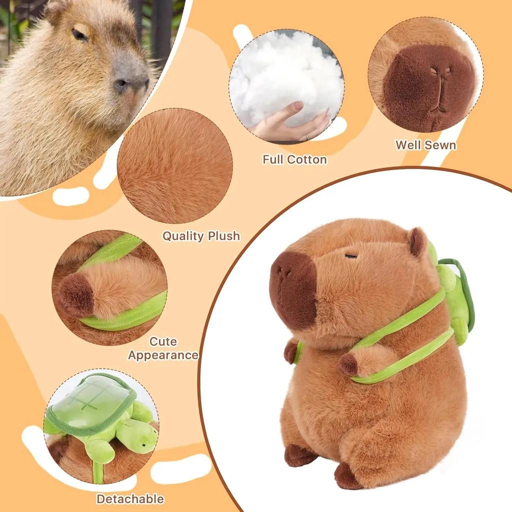 Pet Cute Capybara Plush with Turtle Backpack Kawaii Capibara Stuffed Aniamls Toys Keychain Bag Charms Gifts for Kids Brown