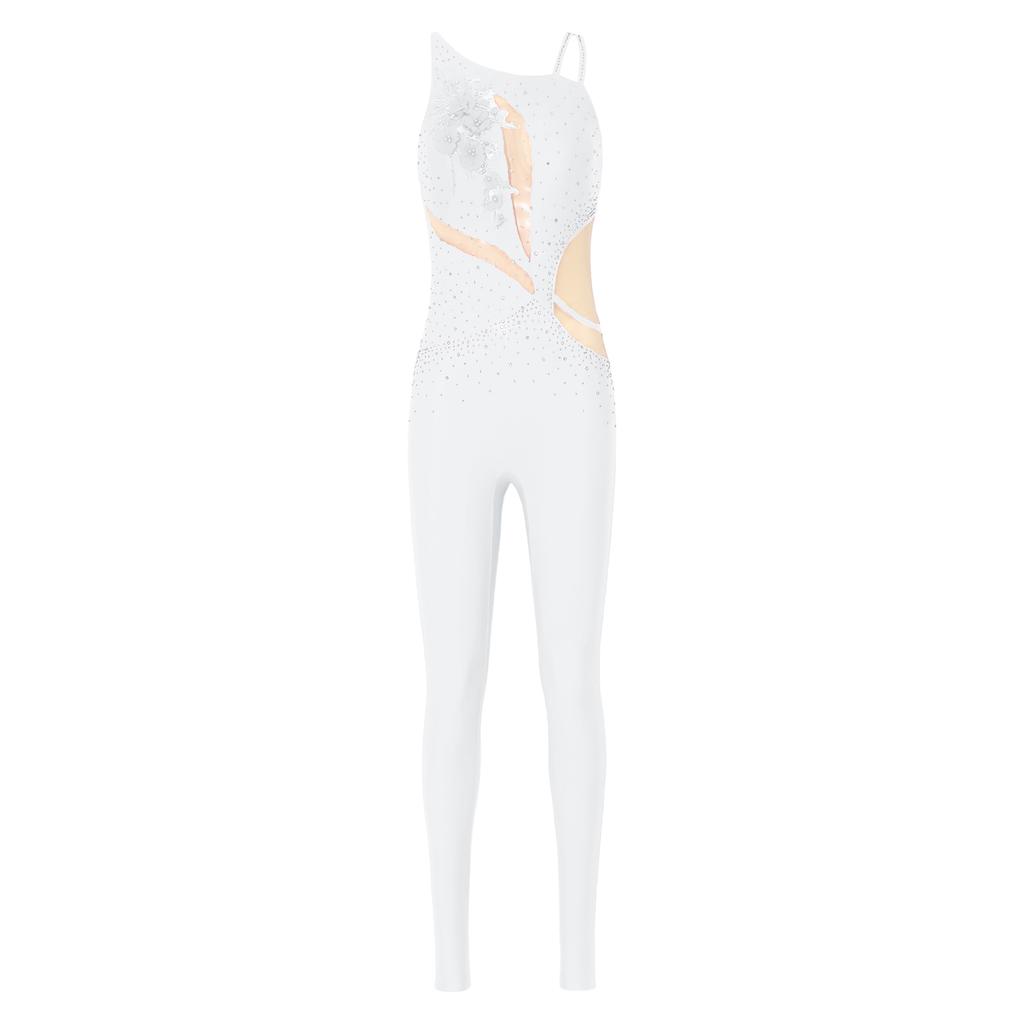 Tuta da ginnastica da donna asimmetrica sulle spalle con schiena scoperta e cinturini, pantaloni lunghi con strass