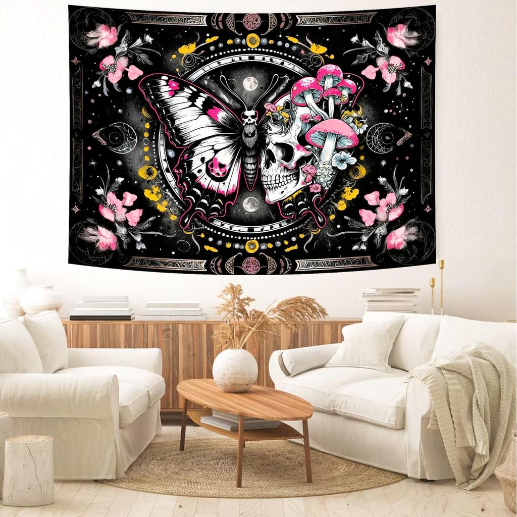Skeleton Butterfly Tapestry Pink Goth Skull Hippie Mushroom Plants Floral Boho Tapestry Fantasy Abstract Moon Phase Flower