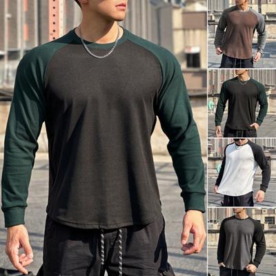 Autumn Winter Men Bottoming Top Slim Fit Patchwork O Neck Pullover Stretchy Long Sleeves Mid Length Fitness Exercise Jogging Daily Wear Shirt