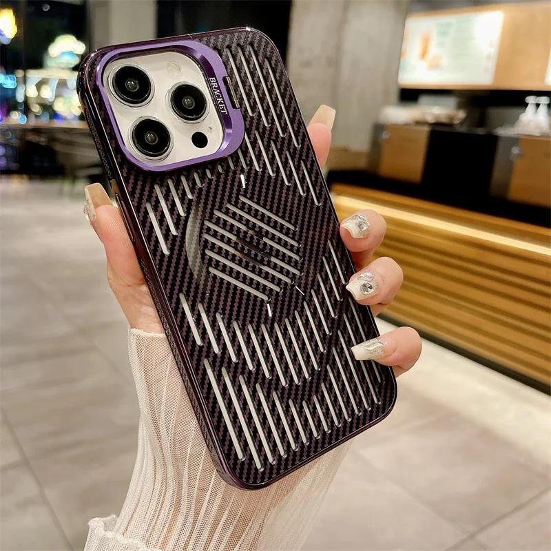 Luxury Hollow Heat Dissipation Magnetic Phone Case for iPhone 16 15 14 13 Pro max Camera Folding Stand Cover
