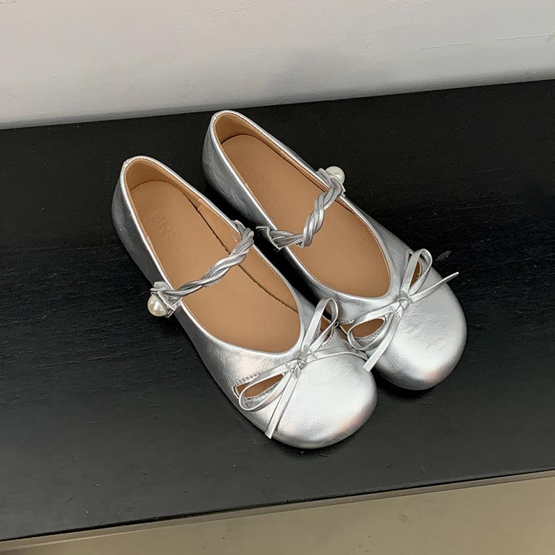 Modische silberne französische Ballett-Ballerinas mit Schleife für Damen, neu für Frühjahr 2025