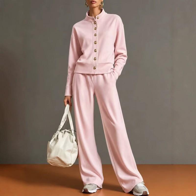 2026 Womens Solid Color Stand Collar Hoodie Wide Leg Pants Set Casual Comfort Outfit Winter