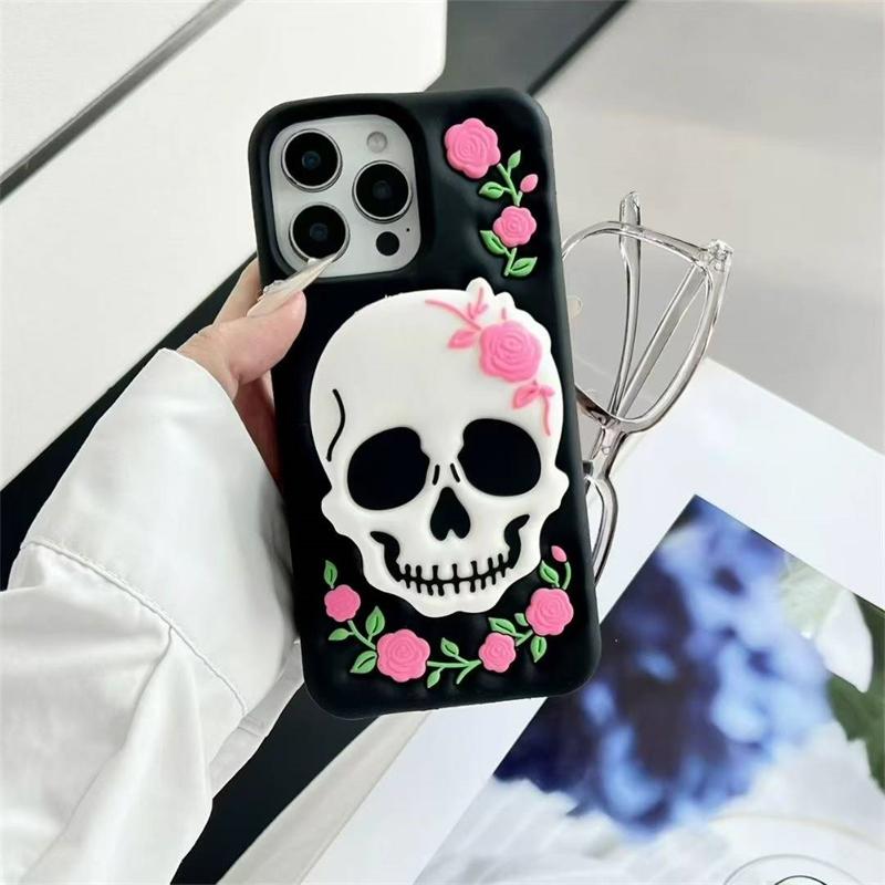 3D Skeleton Flower Holder Phone Case For iPhone 17 16 15 14 13 Pro 12 11 Pro Max Soft Silicone Cover