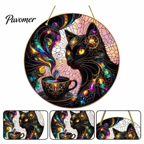 Unique Cat Theme Gift Moon Halloween Window Hanging Decor, Mystical Black Round Sign Decorative Craft Board Tag for Indoor Outdoor Wall Art,