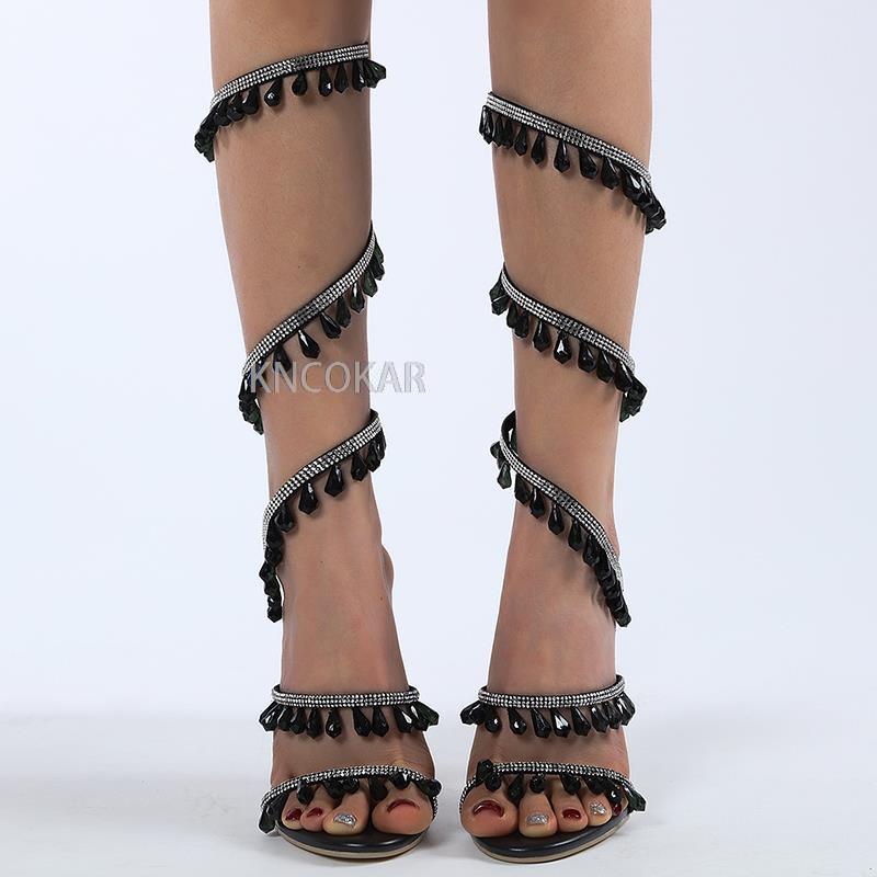 2025 New Women's Sandals Luxury Rhinestone Wraparound Ankle Women's Stiletto Heels Wedding Shoes Banquet Shoes