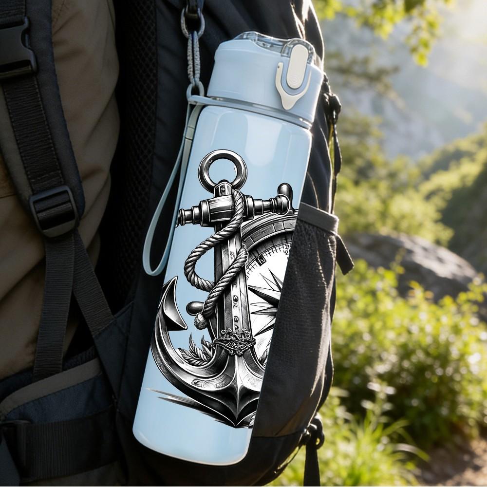1PC Anchor Ship Gear Nautical Print 750ml Color Plastic Sports Water Bottle Leakproof Flip Straw Lid Suitable for Sports Office Home Use