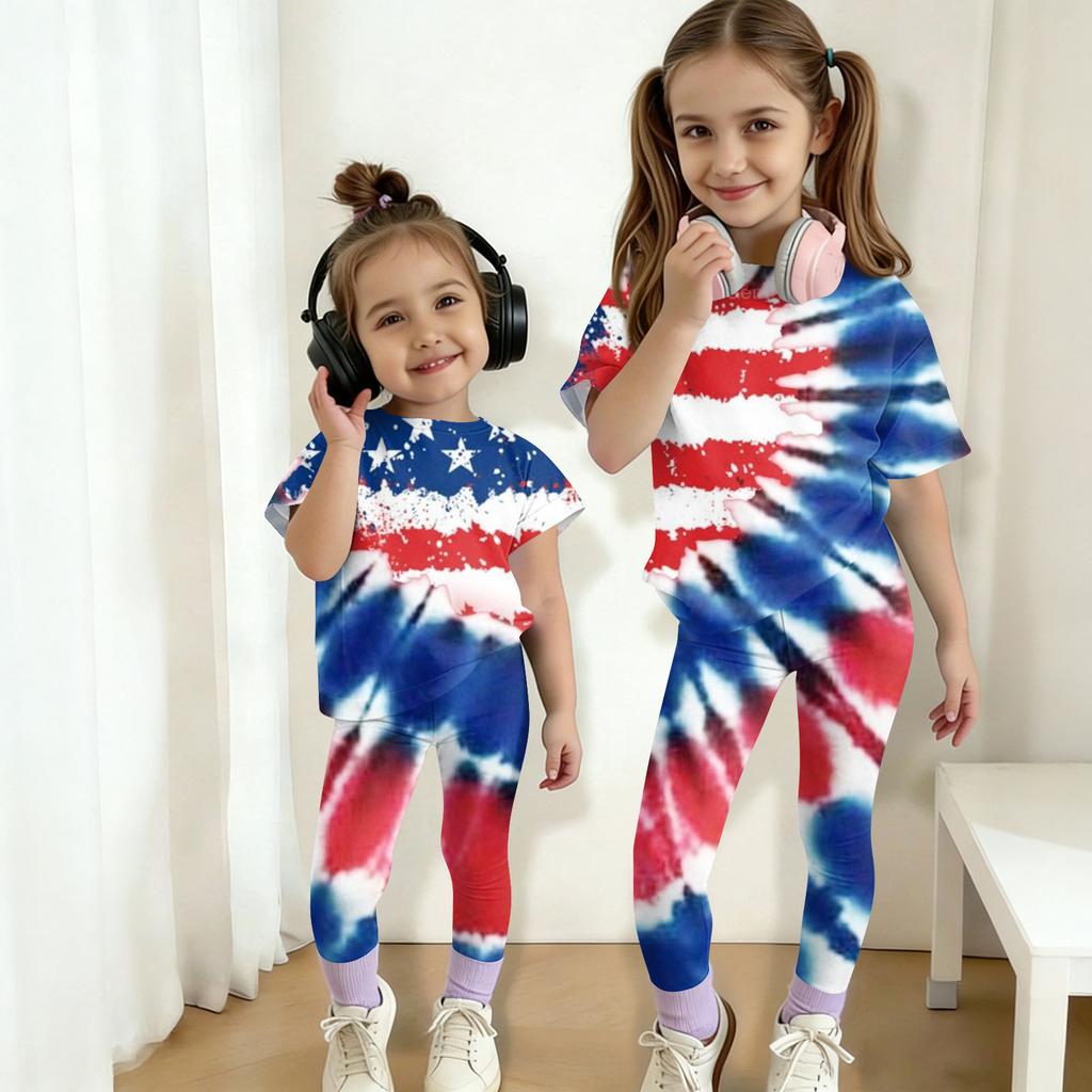Boys And Girls Independence Day Print Set Kids Casual Short Sleeve Top And Long Pants Set