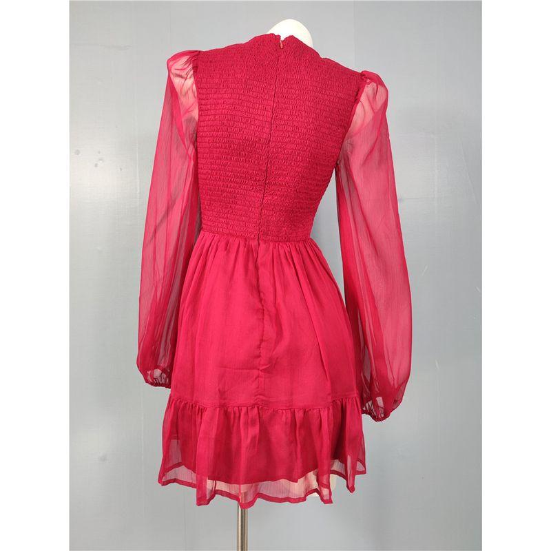 Export Single Lu Rose Red Fairy Light Plaid Elastic Stretch Chest-Flattering Dress Long Sleeve Big Hem Skirt