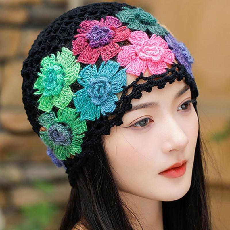 Cotton Crochet Brimless Hat With HollowOut Flower Design Summer Vacation Casual Skull Cap For Women Everyday Wear