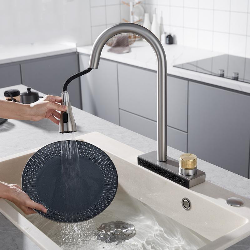 Gun Grey Pull Out Kitchen Sink Faucet Waterfall Water Single Hole Hot&Cold Mixed Basin Faucet Multi-functional Water Sink Tap