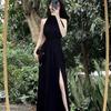 High-end Black Neck-hanging Sleeveless Dress for Women's Summer New French Temperament Split-ended Waist Long Dress