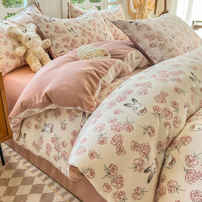 Class A maternal and infant grade, jacquard aerobic colored cotton, skin-friendly, comfortable, simple and literary 4pcs set on the bed