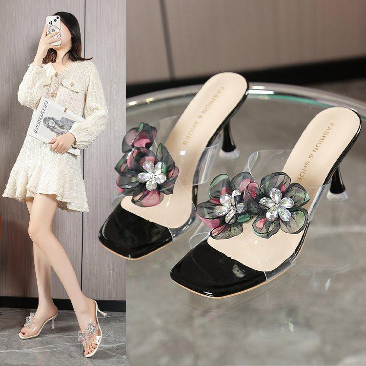 One-word Transparent High-heeled Cool Slippers, New Versatile Thin-heeled Outer Flower Crystal Slippers In the Summer of 2024