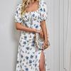 Sexy Floral Printed High Waisted Slit Long Dress Women For Holiday Fashion Slim Puff-sleeve Backless Ladies Dress  Robe 26223