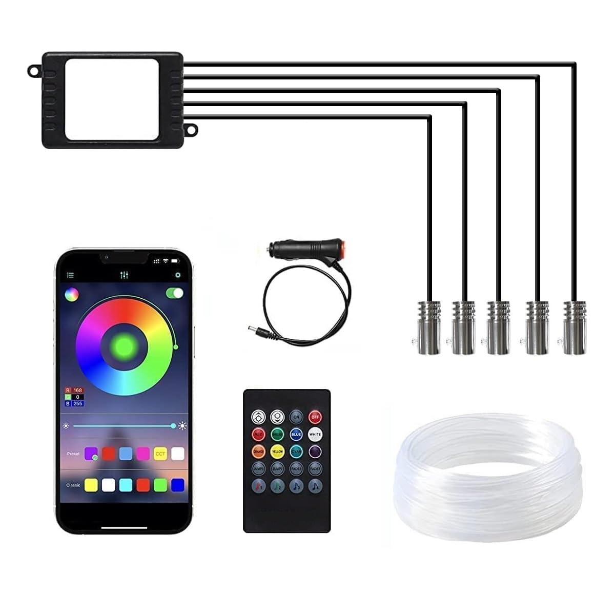 

OBEST Автомобільна світлодіодна стрічка Високо безступінчато регульована Пульт дистанційного керування 12 В Світло, RGB, Яскравість, З підтримкою програми, Реагує на звук, Кольори,