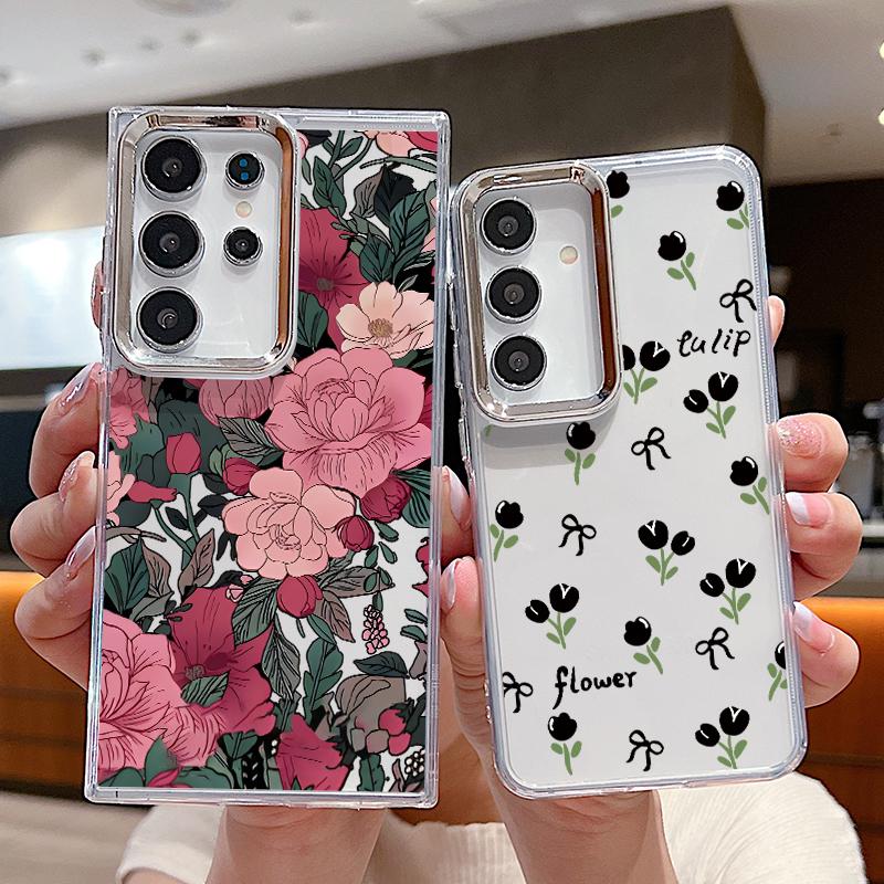 Retro Flowers Black Rose Print Case For Samsung S26 S25 Ultra S24 S23 S22 S21 FE A15 A35 A55 A16 A26 A36 A56 A17 A37 A57 5G Plating Lens Soft Cover