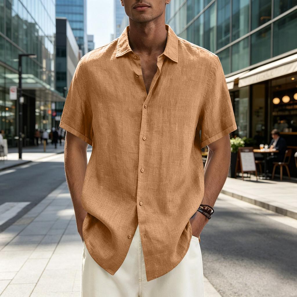 Men's Short Sleeve Button Down Shirt Lightweight Linen Blend Casual Loose Fit Summer Top with V Neck Collar