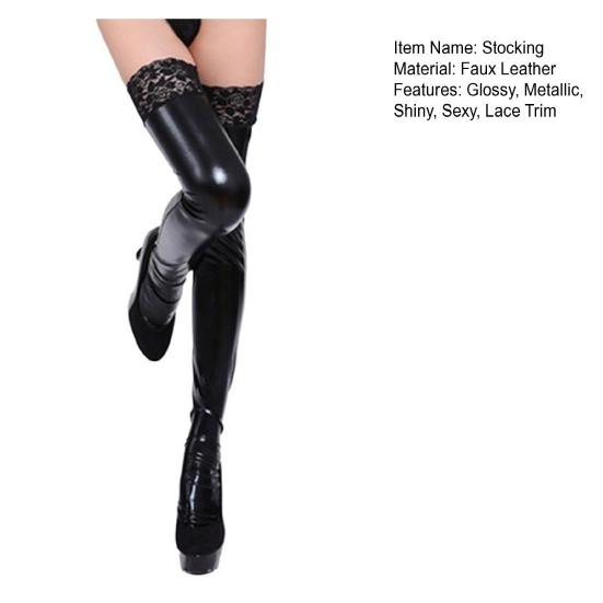 Wet Look Thigh High Stockings for Women Sexy Stretchy Shiny Metallic Black Stockings with Lace Trim Glossy Faux Leather Socks for Party Club Cosplay