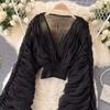 Women's Top with a Stylish Design, Pleated Puff Sleeves, Slim Fit, Short Length, Fashionable and Versatile Chiffon Shirt