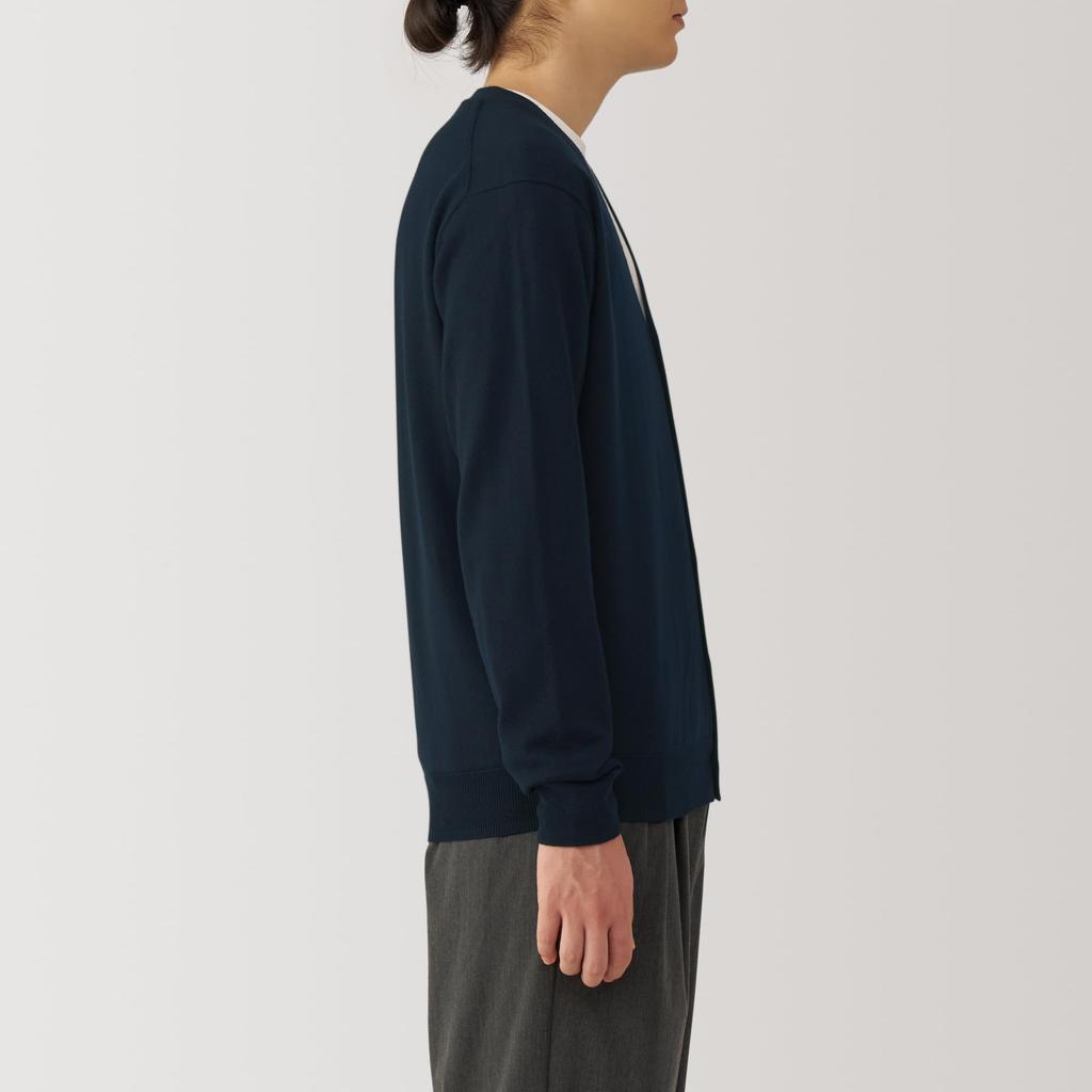 MUJI Men's Washable Wool High-Gauge V-Neck Cardigan, Dark Navy, Size AA0PFA4A, Men's XL