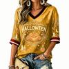 Damska koszulka z nadrukiem na Halloween, z dekoltem w serek, z krótkim rękawem, casualowy top