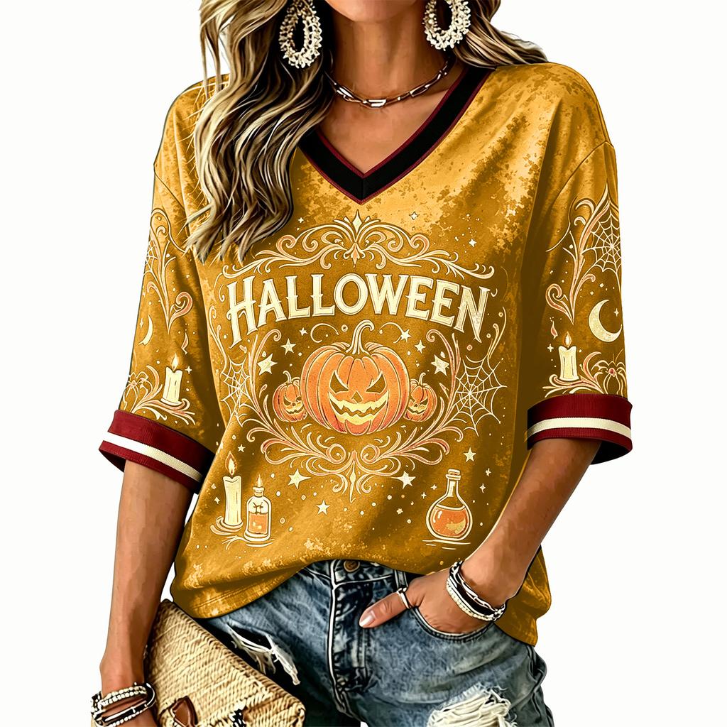 Damska koszulka z nadrukiem na Halloween, z dekoltem w serek, z krótkim rękawem, casualowy top