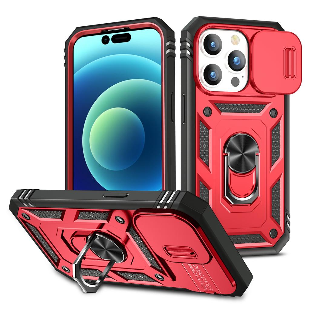 For iPhone 15 Pro Max Kickstand Case Card Holder PC+TPU Phone Cover with Sliding Camera Protection